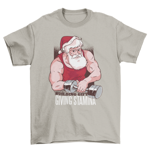 Buff Santa en el gimnasio con mancuernas y regalo texto giving stamina