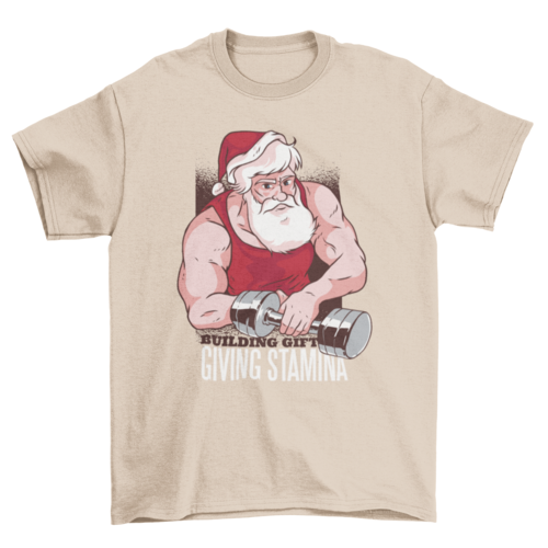 Buff Santa en el gimnasio con mancuernas y regalo texto giving stamina