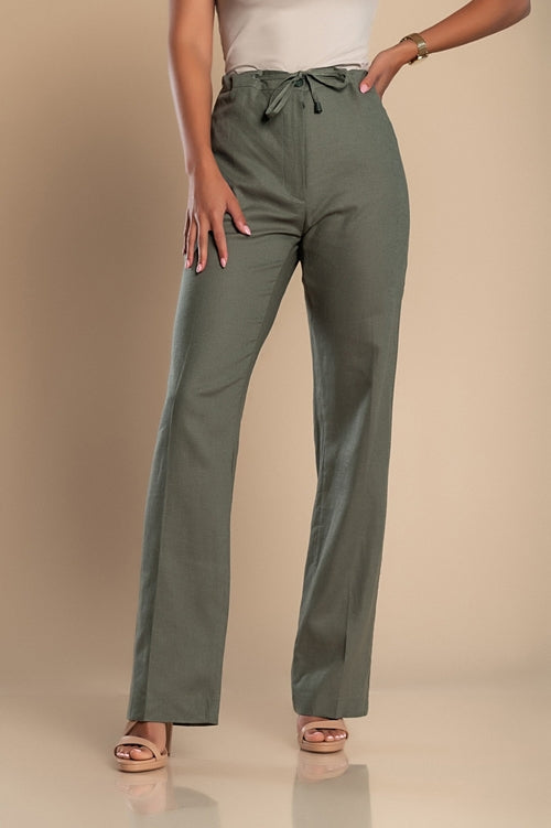 Elegante pantalon de lino, verde oliva