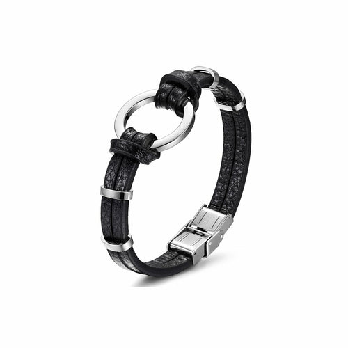 Pulsera de cuero de defira circular negra/plateada