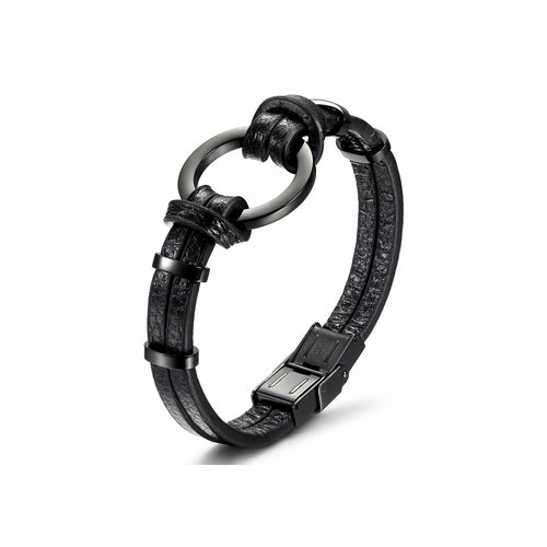 Pulsera de cuero de defira circular negra/plateada