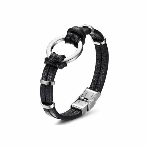 Pulsera de cuero de defira circular negra/plateada
