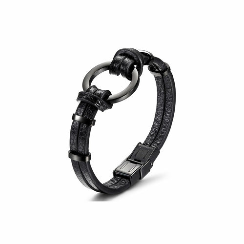 Pulsera de cuero de defira circular negra/plateada