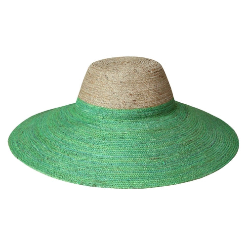Sombrero de paja tejido a mano de yute RIRI Duo en verde natural y Kelly