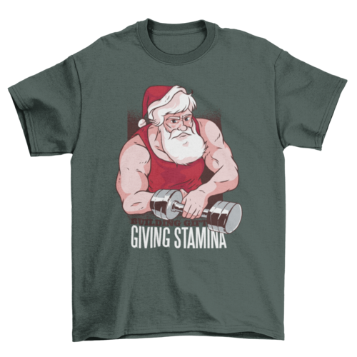 Buff Santa en el gimnasio con mancuernas y regalo texto giving stamina