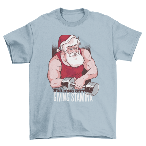 Buff Santa en el gimnasio con mancuernas y regalo texto giving stamina