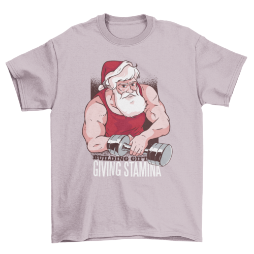 Buff Santa en el gimnasio con mancuernas y regalo texto giving stamina