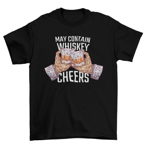 Manos sosteniendo whisky en estilo poligonal "May Contain Whiskey Cheers"