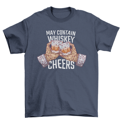 Manos sosteniendo whisky en estilo poligonal "May Contain Whiskey Cheers"