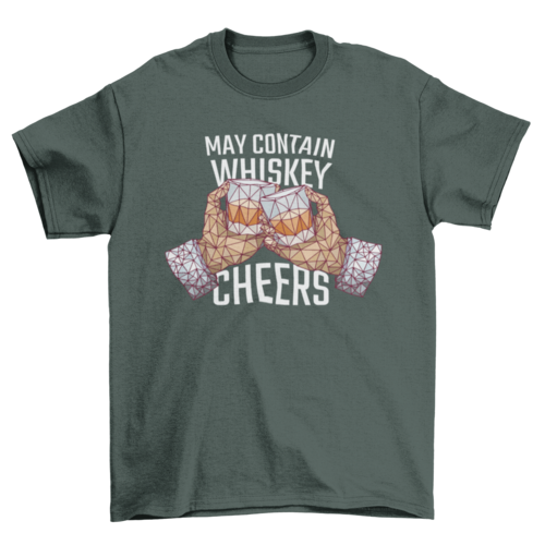 Manos sosteniendo whisky en estilo poligonal "May Contain Whiskey Cheers"
