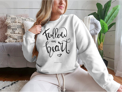 Follow Your Heart Sweatshirt. Hand-drawn ink calligraphy with a modern brush stroke and heart.