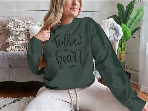 Follow Your Heart Sweatshirt. Hand-drawn ink calligraphy with a modern brush stroke and heart.